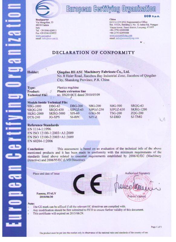DECLARATION OF CONFORMITY - Qingdao Huasu Machinery Fabrication Co,. Ltd.