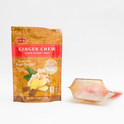 China 125g PE80 PET12 Candy Pouch Bag Ginger Chew With Window And Bottom Gusset for sale