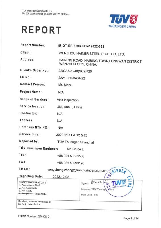 TUV TEST Certificate-SMLS Pipe - HAINER STEEL INDUSTRIAL CO.,LIMITED