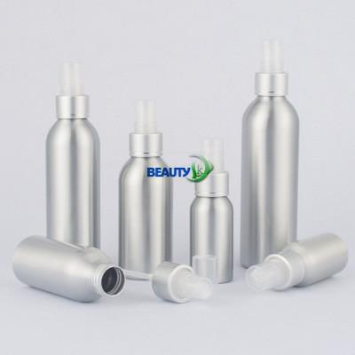China Empty metal packaging  silver aluminum body mist spray bottle with black top for sale