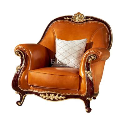China Wooden Frame Leather Recliner Royal Sofa Set With Simple Carving for sale