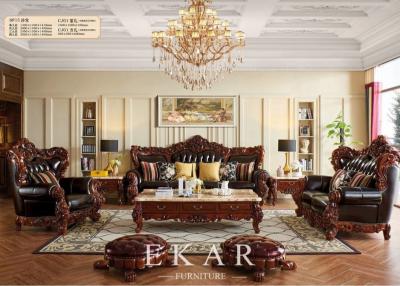 China Oak Wooden Carving Design Royal Luxury Living Room 7 Seater Leather Sofa Set for sale