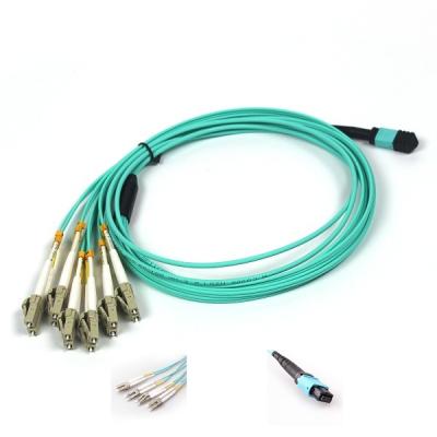China 12F LC MM Fanout MPO Fiber Optic cable MTP Jumper Aqua Jacket In Data Center for sale