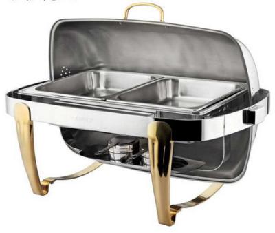 China Titanium Coating Oblong Chafing Dish Roll Top Lid Gold Legs and Handle 2-Compartment Stainless Steel Food Container for sale