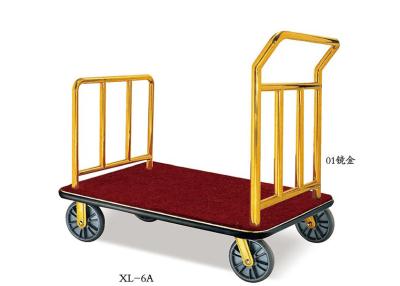 China Hotel Lobby Room Service Trolley Stainless Steel Mirror Gold Finish with Red Carpet Platform for sale