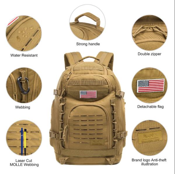 Quality Khaki 38L Tactical Molle Backpack Breathable Men Military Bag 2.9 lb Weight for sale