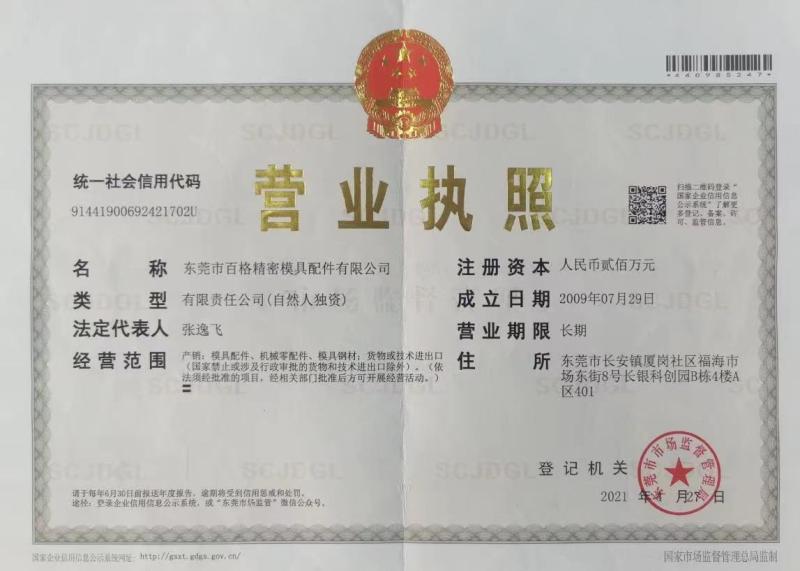 Business License - DongGuan BG Precision Mold Parts CO., Ltd
