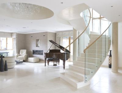 China Stainless steel straight staircase with marble tread glass balustrade for sale