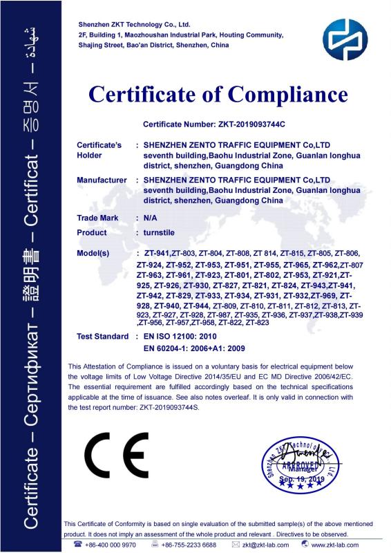 EN ISO 12100:2010 EN 60204-1:2006+A1:2009 - Shenzhen Zento Traffic Equipment Co., Ltd.