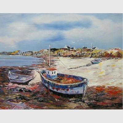 China Pinturas al óleo pintadas a mano de los barcos de pesca, pintura abstracta de la lona en la playa en venta