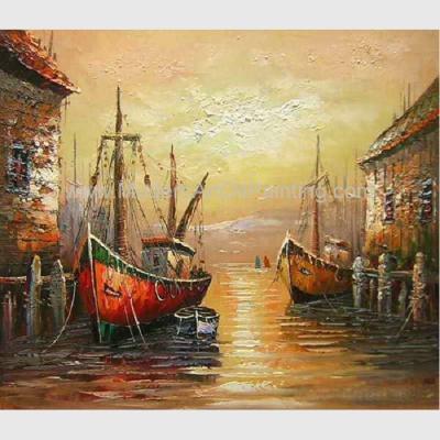 中国 パレット ナイフによる手塗りの赤いボートの絵画、ドックの抽象的なアクリルの絵画 販売のため