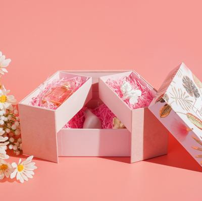 China Square 2 Layer Cardboard Gift Packaging Boxes First Layer Could Be Opened Pink Gray for sale