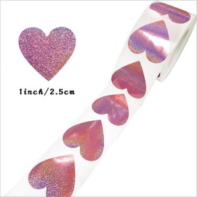 China Laser Heart Pink Holographic Sticker Glitter Sealing Labels 500pcs/Roll For Gift Box Packaging for sale