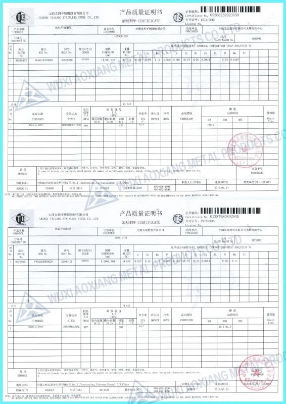 Mill Test Certificate - WUXI XINFUTIAN METAL PRODUCTS CO., LTD