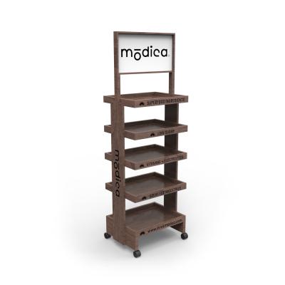 China Wooden 5 Layers Cocktail Display Stand with Wheels for Stores for sale