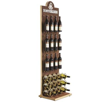 China Customized Free Standing Wine Display Stand Wine Rack Wood Storage Wooden Display Shelf for Bar for sale