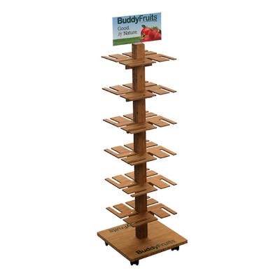 China 4 Sided Revolving Display Stand Wooden Fruit Display Shelf with Wheels for sale