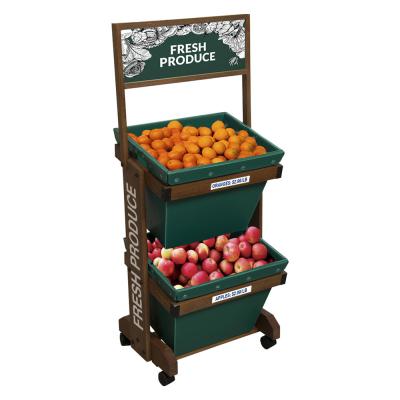 China 2 Layers Display Vegetable Rack For Shop Wooden Fruit Display Stand With Removable Basket for sale