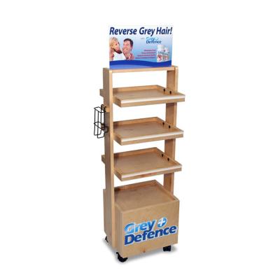 China Natural Pinewood Cosmetic Display Stand Custom Wood Display Cases With Wheels for sale