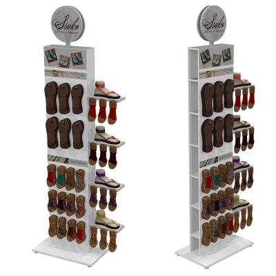 China Double Sided Wooden Display Stand Sock Display Rack With Wheels For Foot Wear for sale
