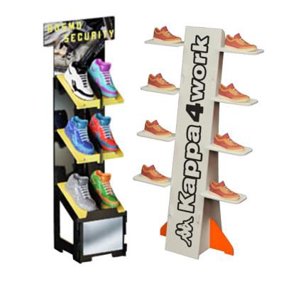 China Shop Floor To Ceiling Wooden Display Rack Plywood Rotating Shoe Rack With Custom Logo for sale