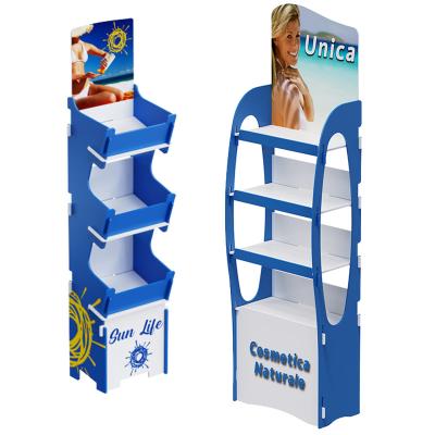 中国 Customizable Carton-Packed Floor Display Stand for Plywood Wood Skincare Products and Baby Sunscreen for Retail Stores 販売のため
