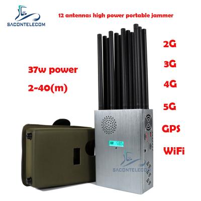 China High Power 37w Mobile Phone Signal Jammer 12 Antennas 2G 3G 4G 5G Portable Jammer for sale