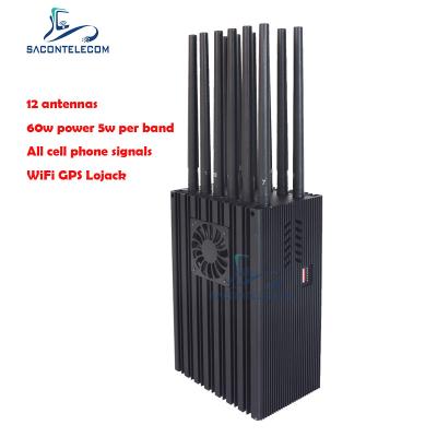 China 12 Antennas 60w Mobile Phone Gps Jammer 2G 3G 4G 5G Wifi VHF Lojack for sale