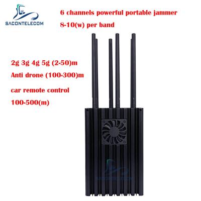 China 6 Channels Mobile Phone Jammer 2G 3G 4G 5G 8-10w/Band Portable Cell Phone Signal Jammer for sale
