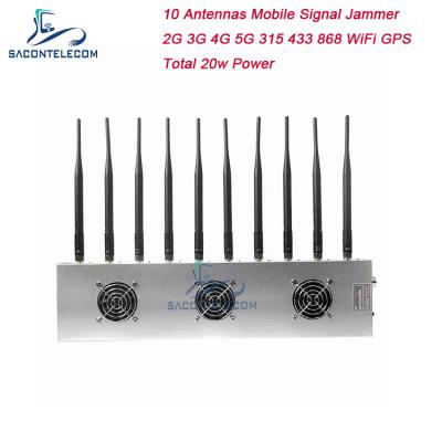 China 10 Channels 3 Cooling Fans Wireless Signal Jammer 5G GPS WiFi VHF UHF for sale