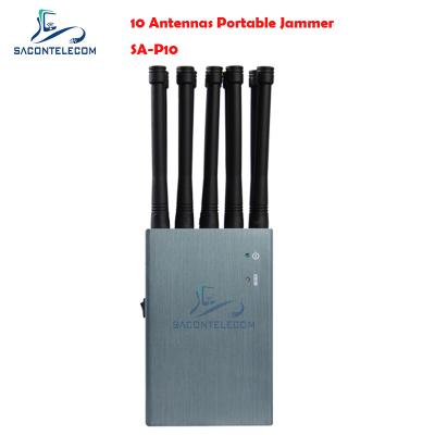 China 10 Bands Handheld Wifi Signal Jammer 5G 5ghz 4G 3G 2.4G GPS 10w 30m Range for sale