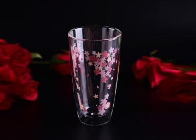 China 370ml Double Wall Borosilicate Glass Juice Drinking Cup With Decal Flower Logo for sale