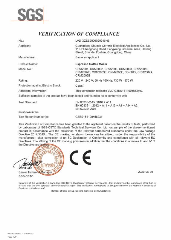 CE - Guangdong Shunde Corrima Electrical Appliances Co., Ltd.