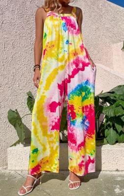 China Low Moq Clothing Manufacturer Women'S Casual Loose Jumpsuits Printed Strap Wide Leg Pants With Pockets for sale