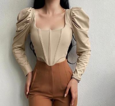 China Small Order Clothing Manufacturers Vintage Square Neck Long Puff Sleeve Boning Tunic Cropped Top for sale