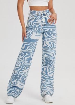 China Small Quantity Clothing Factory Women'S High Waisted Wide Leg Print Casual Baggy Jeans Denim Pants à venda