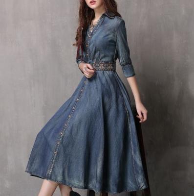 China Small Quantity Garment Manufacturer Women'S Denim Dress Half Sleeve Pocket With Embroidered Belt for sale