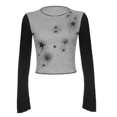 China Custom Clothing Factory China Ladies Star Print Color-Block Long-Sleeved Pullover Top for sale