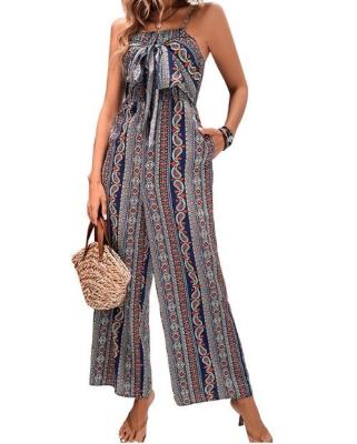 China Oem Apparel Manufacturers Women'S Sleeveless Halter Tied Backless Belted Wide Leg Pants Jumpsuit Rompers à venda