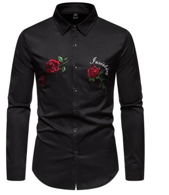 China Apparel Custom Factory China Men'S Polyester Blend Casual Long Sleeve Rose Embroidery Square Neck Shirt for sale