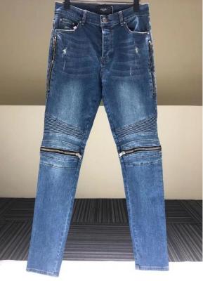 China Custom Apparel Supplier Men'S Blue Slim Fit Jeans Stretch Destroyed Ripped Skinny Jeans Knee Zipper Jeans for sale