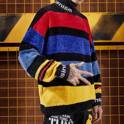 China small quantity clothing manufacturer Drop Shoulder Graffiti Rainbow Striped Sweater Chenille Ins Lazy Half Turtleneck for sale