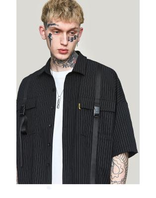 중국 180gsm 봄 여름 스트라이프 남성 셔츠 리본 패치 워크 포플린 느슨한 옷깃 셔츠 판매용