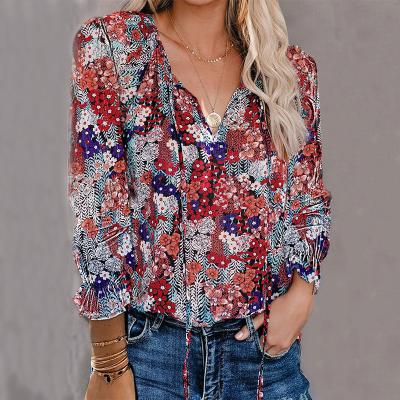 China Chiffon Printed 100% Polyester Women'S V Neck Long Sleeves Shirt for sale