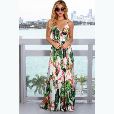 China Polyester Women Floral Dresses Casual Summer Sleeveless V Neck Maxi Dress for sale
