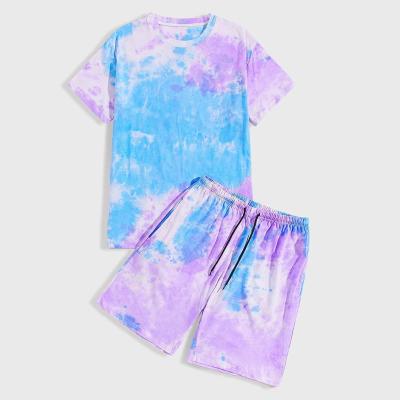 China small quantity clothing manufacturers Men'S Summer 2pc Tie Dye Round Neck Short Sleeve Casual Suit for sale