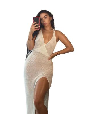 China Small Business Fashion V - Neck Backless Strap See Through Crochet Beach Sling Dress for sale