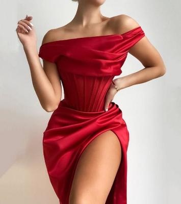 China Autumn Women One Off Shoulder Satin Bone Pleated Mid Slit Dress for sale