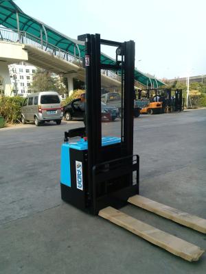 China Solid Tire Electric Stacker Forklift 5000mm Hight Stand On Type forklift stacking truck for sale