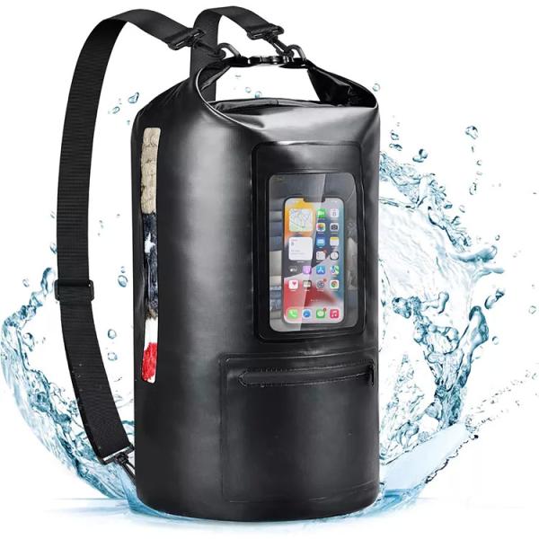 Quality Black 20l Waterproof Dry Bag Transparent Window Pocket Front Custom Logo Dry Bag for sale